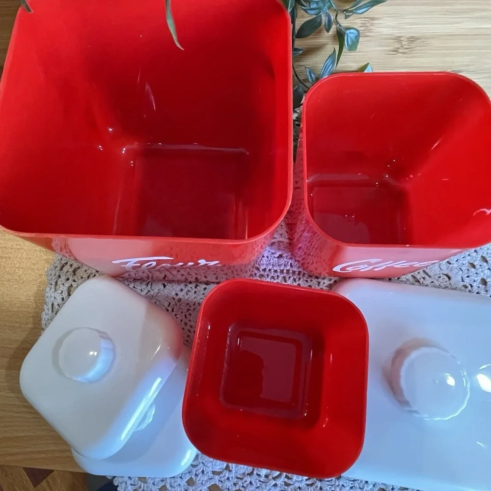 VTG Red Lustro Ware Canister Set MCM Plastic Flour Tea Coffee 1950s Display READ